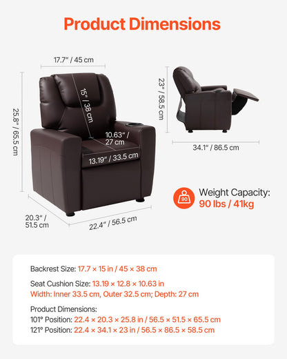 Kids Reclining Chair, Toddler Recliner with Cup Holder, 101° to 121° Adjustable Backrest, Easy-to-Clean PU Leather Recliner Couch with Footrest, 41 kg Load, for Boys & Girls, Children (Brown)