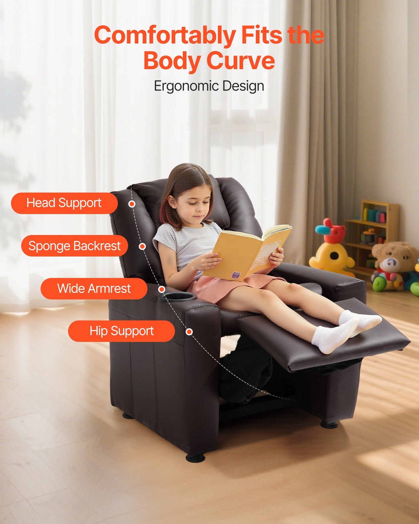 Kids Reclining Chair, Toddler Recliner with Cup Holder, 101° to 121° Adjustable Backrest, Easy-to-Clean PU Leather Recliner Couch with Footrest, 41 kg Load, for Boys & Girls, Children (Brown)