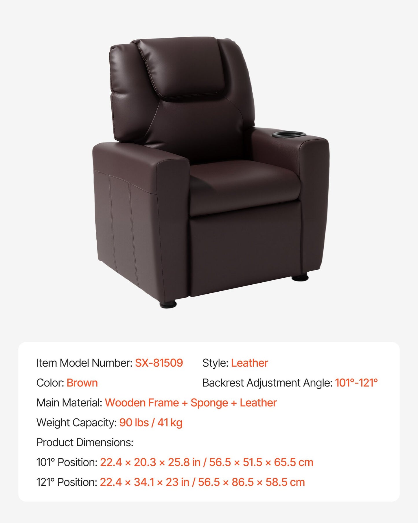 Kids Reclining Chair, Toddler Recliner with Cup Holder, 101° to 121° Adjustable Backrest, Easy-to-Clean PU Leather Recliner Couch with Footrest, 41 kg Load, for Boys & Girls, Children (Brown)