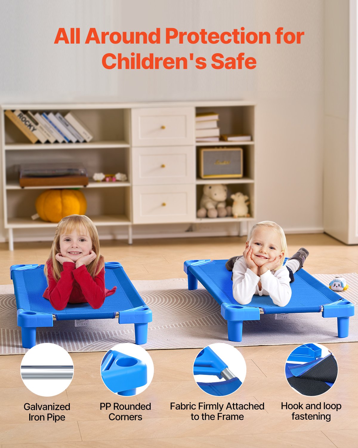 Stapelbar barnsäng, 4-pack, bärbara tupplurar för småbarn, standardstorlek 132 cm L x 63 cm B, dagvårdssängar för barn, förskoleklassrum, dagvårdssängar för att sova, vila, tupplur, blå