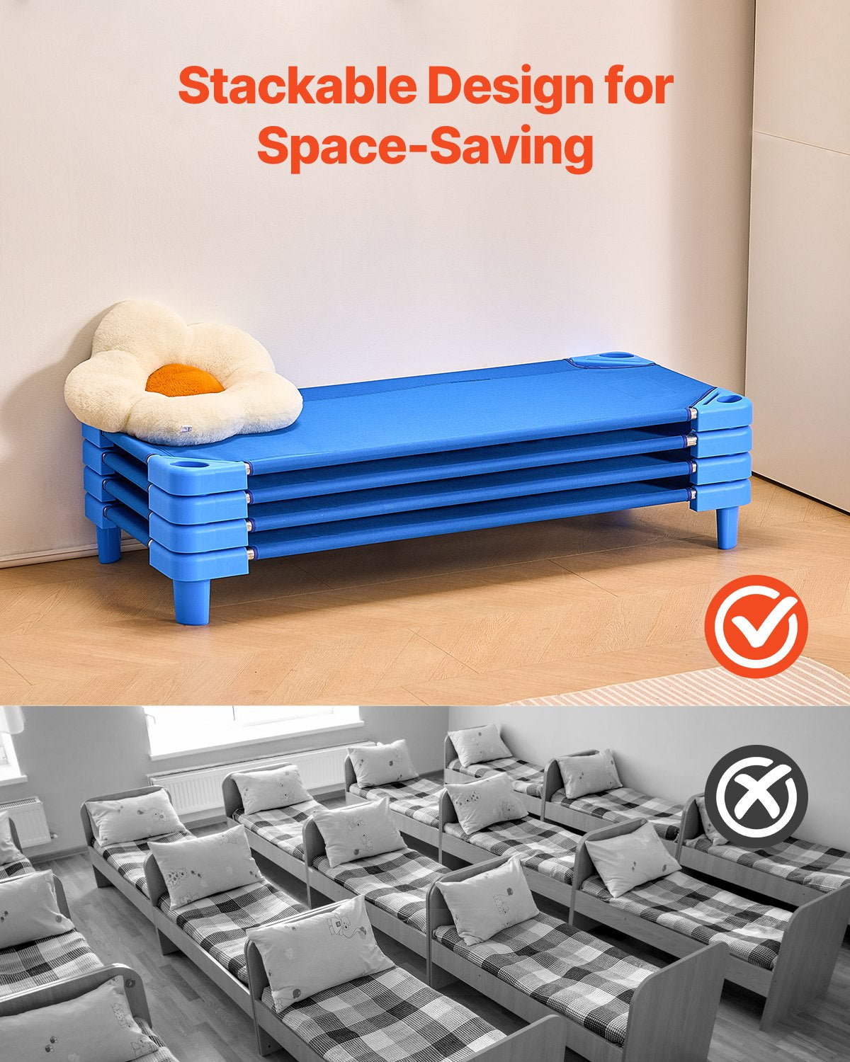 Stapelbar barnsäng, 4-pack, bärbara tupplurar för småbarn, standardstorlek 132 cm L x 63 cm B, dagvårdssängar för barn, förskoleklassrum, dagvårdssängar för att sova, vila, tupplur, blå