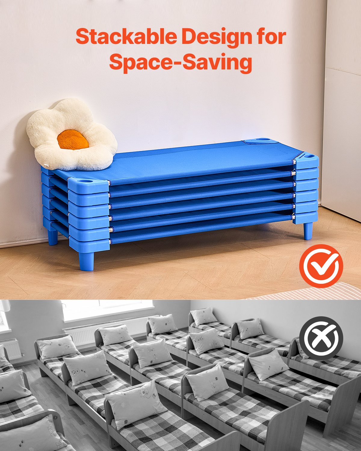 Stapelbar barnsäng, 6-pack, bärbara tupplurar för småbarn, standardstorlek 132 cm L x 63 cm B, dagvårdssängar för barn, förskoleklassrum, dagvårdssängar för att sova, vila, tupplur, blå