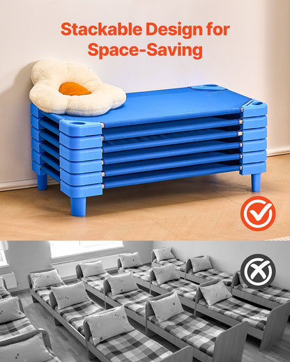 Stapelbar barnsäng, 6-pack, bärbara tupplurar för småbarn, standardstorlek 102 cm L x 63 cm B, dagvårdssängar för barn, förskoleklassrum, dagvårdssängar för att sova, vila, tupplur, blå