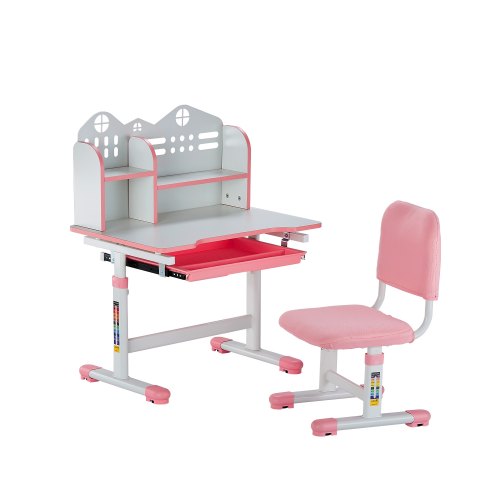 Barnstol och skrivbordsset, skrivbord och stol för barn med bokhylla och förvaringslåda, justerbart barnskrivbord med stol, barnstudiebord för sovrum och studierum, rosa