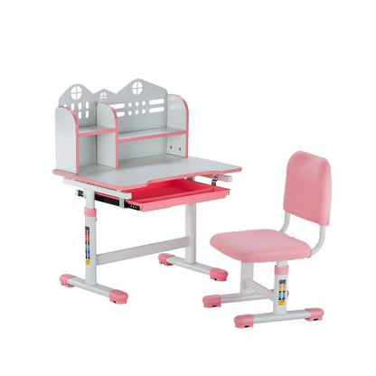 Barnstol och skrivbordsset, skrivbord och stol för barn med bokhylla och förvaringslåda, justerbart barnskrivbord med stol, barnstudiebord för sovrum och studierum, rosa
