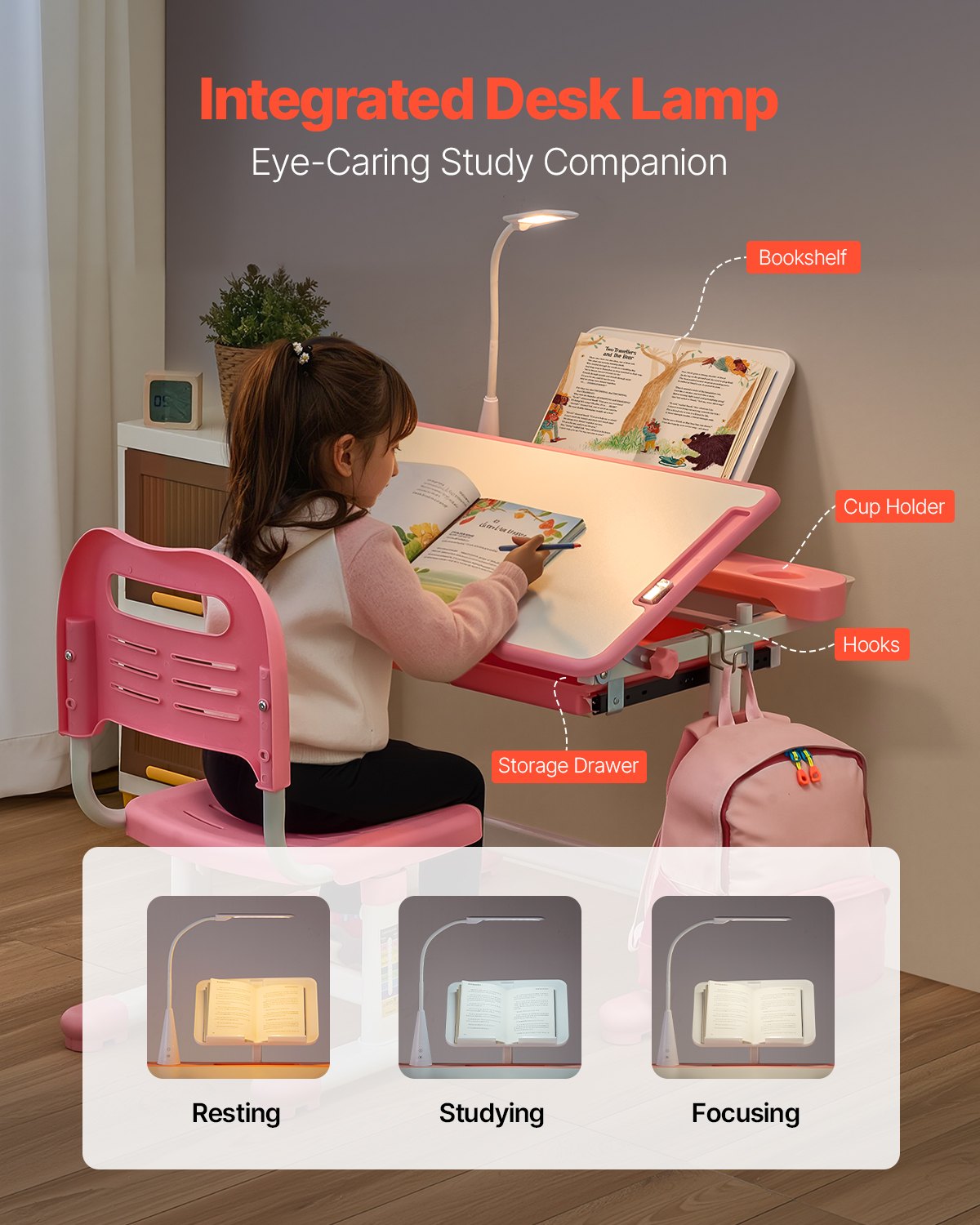 Barnstol och skrivbordsset, skrivbord och stol för barn med bordslampa, justerbar höjd och 0-40° lutande skrivbordsbord och stol, barnstudiebord för sovrum och studierum, rosa