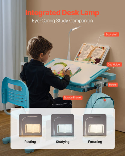 Barnstol och skrivbordsset, skrivbord och stol för barn med bordslampa, justerbar höjd och 0-40° lutande skrivbordsbord och stol, barnstudiebord för sovrum och studierum, blå