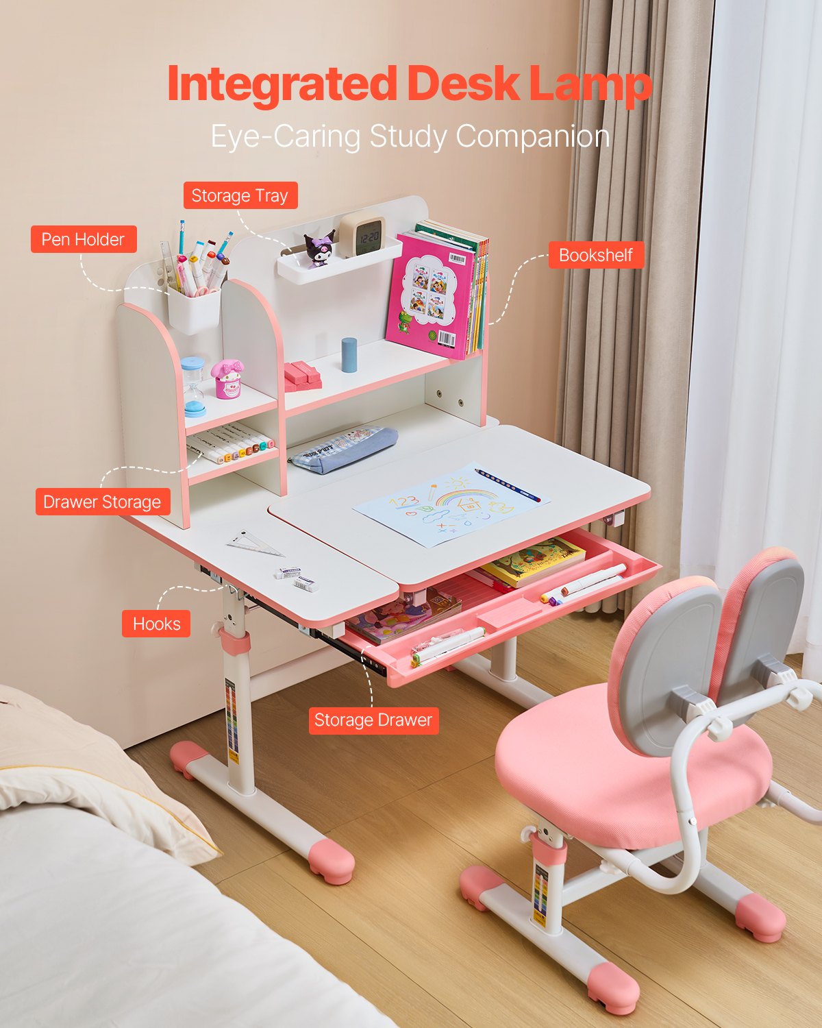 Kids Study Chair and Desk Set, Study Desk and Chair for Kids with Bookshelf & Storage Drawer, Adjustable Height & 0-40° Tilted Desktop Desk and Chair, Study Table for Bedroom & Study Room, Pink