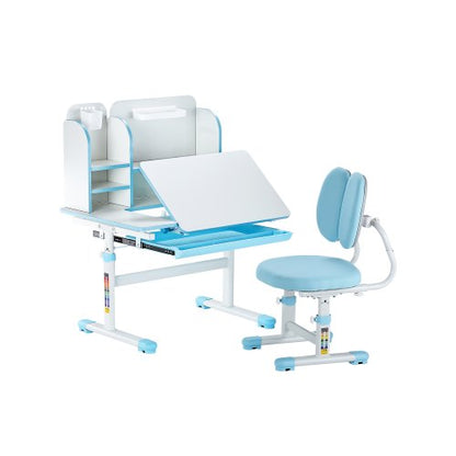 Kids Study Chair and Desk Set, Study Desk and Chair for Kids with Bookshelf & Storage Drawer, Adjustable Height & 0-40° Tilted Desktop Desk and Chair, Study Table for Bedroom & Study Room, Blue