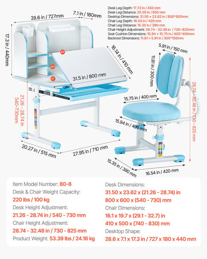 Kids Study Chair and Desk Set, Study Desk and Chair for Kids with Bookshelf & Storage Drawer, Adjustable Height & 0-40° Tilted Desktop Desk and Chair, Study Table for Bedroom & Study Room, Blue
