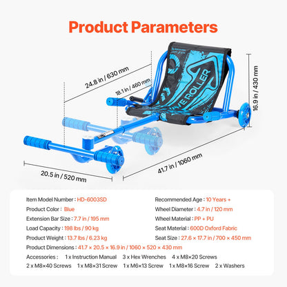 Åkskoter, lastkapacitet på 198 lbs, svänger från sida till sida för en fantastisk åktur med sicksackrörelse, åkleksak för åldrarna 10+, åker på alla hårda ytor för inomhus- och utomhusbruk, blå