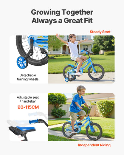 Barncykel, 35,56 cm BMX-modell, Cykelhöjd 90 cm - 115 cm, Stödhjul ingår, Robust och enkel att montera, Småbarnscykel för pojkar och flickor som lär sig cykla, Blå