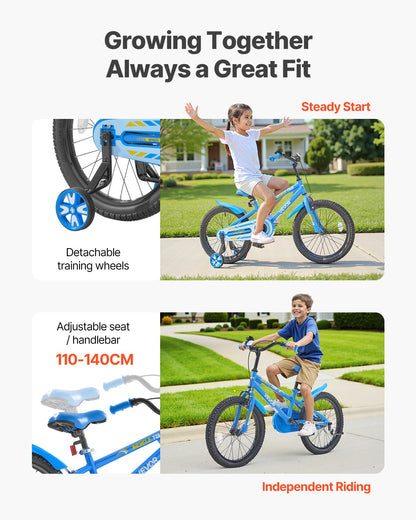 Barncykel, 45,72 cm BMX-modell, Cykelhöjd 110 cm - 140 cm, Stödhjul ingår, Robust och enkel att montera, Småbarnscykel för pojkar och flickor som lär sig cykla, Blå