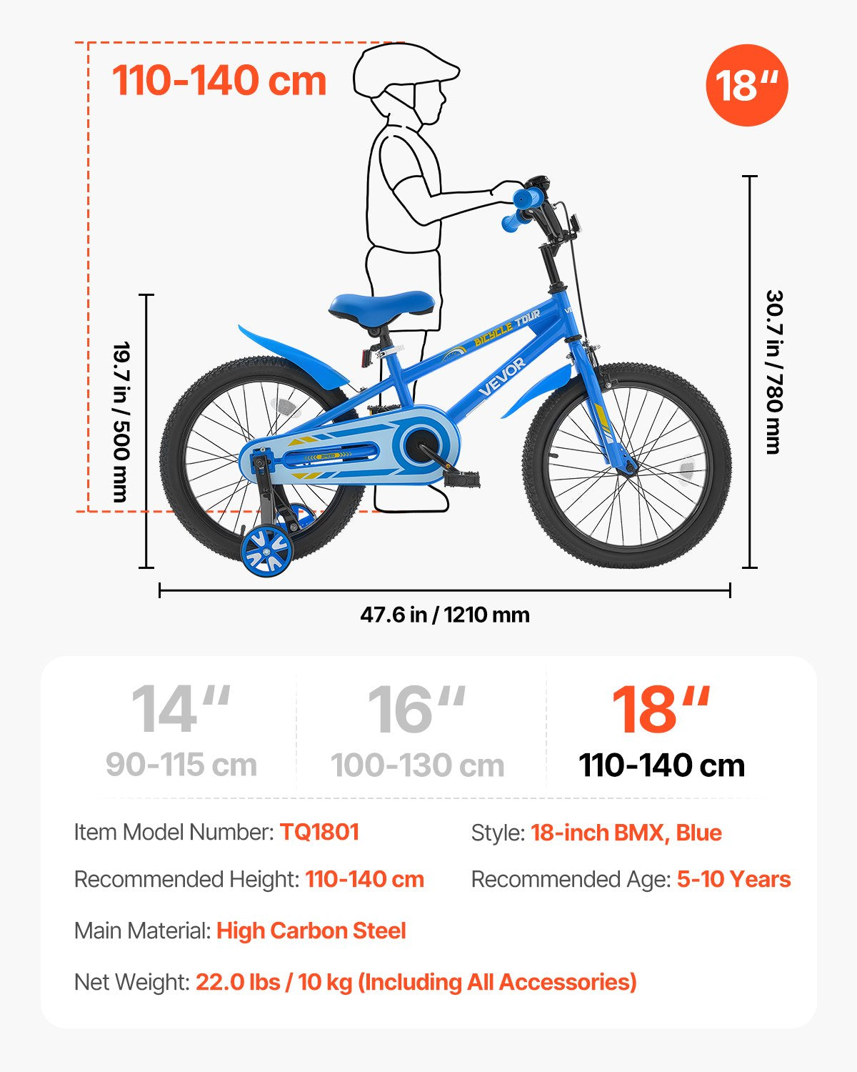 Barncykel, 45,72 cm BMX-modell, Cykelhöjd 110 cm - 140 cm, Stödhjul ingår, Robust och enkel att montera, Småbarnscykel för pojkar och flickor som lär sig cykla, Blå