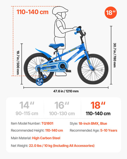 Barncykel, 45,72 cm BMX-modell, Cykelhöjd 110 cm - 140 cm, Stödhjul ingår, Robust och enkel att montera, Småbarnscykel för pojkar och flickor som lär sig cykla, Blå