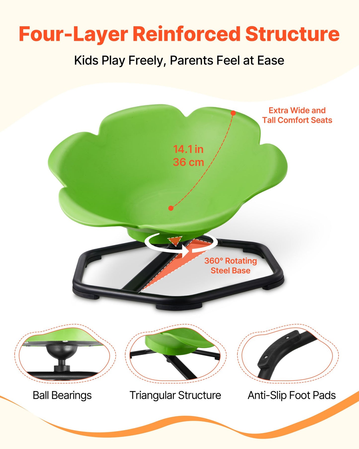 Kids Swivel Chair, 220 lbs Capacity, Cylinder Shape Sensory Spinning Chair, Autistic Kids Sensory Toy Seat with Non-Slip Metal Base, Toddler Sit & Spin Seat for Coordination Balance Focus, Green