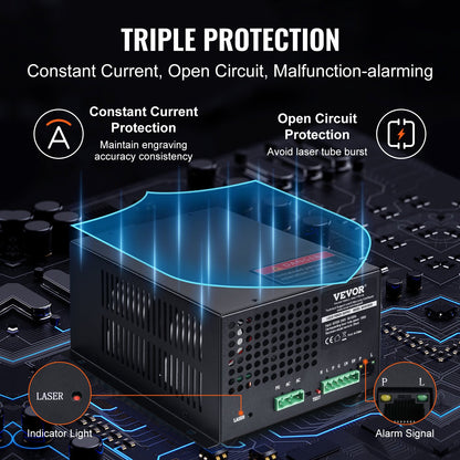 CO2-laserströmförsörjning, 100 W, strömförsörjning för 100 W laserrör, konstant strömskydd, öppen kretsskydd, snabb värmeavledning, kompatibel med lasergravörer och -skärare från flera märken