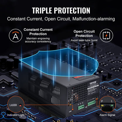 CO2-laserströmförsörjning, 150 W, strömförsörjning för 150 W laserrör, konstant strömskydd, öppen kretsskydd, snabb värmeavledning, kompatibel med lasergravörer och -skärare från flera märken