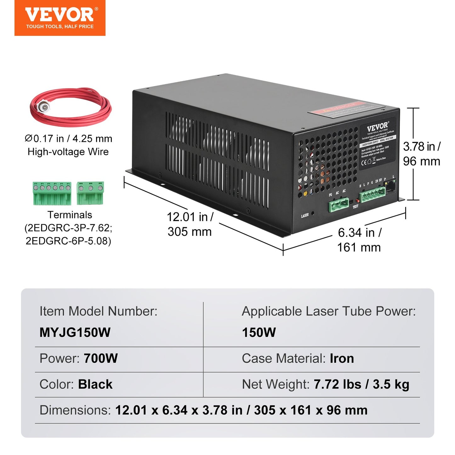 CO2-laserströmförsörjning, 150 W, strömförsörjning för 150 W laserrör, konstant strömskydd, öppen kretsskydd, snabb värmeavledning, kompatibel med lasergravörer och -skärare från flera märken