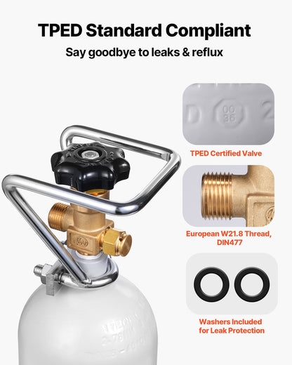 CO2-tank, 1,8 kg ny cylinder i legerat stål, CO2-lufttank med grå spraybeläggning, DIN477-ventil, handtag och justerbart tryck, TÜV-godkänd gascylinder för fatölsutmatning och läskmaskin