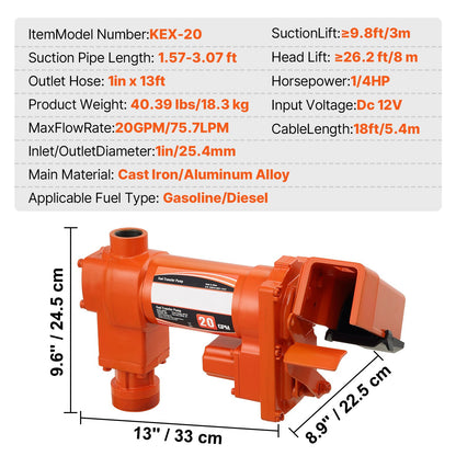 Bränsleöverföringspump, 12V DC 20 GPM 1/4 hk, bensinutsugspump med automatiskt munstycke, utloppsslang och sugrör för bensin, diesel, fotogen, etanol- och metanolblandningar samt biodiesel