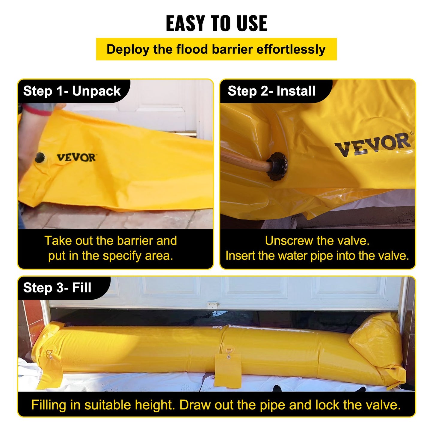 Översvämningspåse, 732 × 50,8 × 30,5 cm, återanvändbara PVC-vattenavledningsrör, lättvikt med utmärkt vattentät effekt, används för dörröppningar, garage, gul