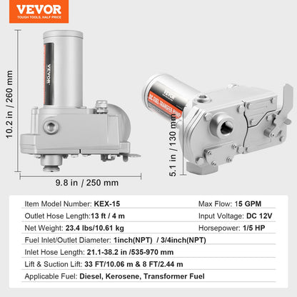 Bränsleöverföringspump, 12V DC 57L/min (15 GPM) 149W (1/5 hk), kugghjulstyp elektrisk dieselöverföringspump med automatisk avstängning av bränslemunstycke, lång inlopps- och utloppsslang för bensin, diesel, fotogen, etanolblandningar