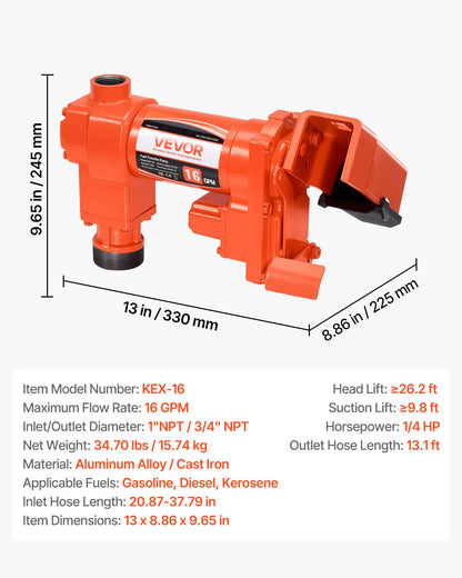 Bränsleöverföringspump, 12V DC 61 L/min (16 GPM) 186W (1/4 hk) dieselpump, utsugspumpar med manuellt munstycke, utloppsslang och sugrör, för bensin, diesel, fotogen, etanol-metanolblandningar och biodiesel