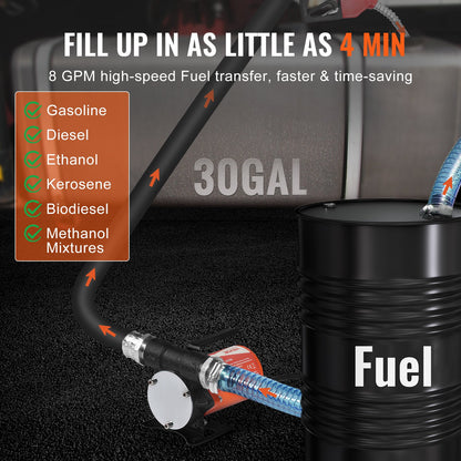 Bränsleöverföringspump, 12V DC 30L/min (8 GPM) 124W (1/6 hk), bärbar elektrisk dieselöverföringspump med automatisk avstängning av bränslemunstycke, lång inlopps- och utloppsslang för bensin, diesel, fotogen, metanolblandningar