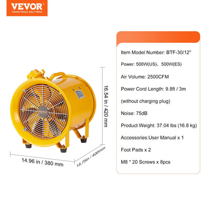 Bärbar fläkt, 304,8 mm kraftig cylinderfläkt, 500 W stark verkstadsfläkt 2500 CFM, 3 m nätsladd (inget laddningshuvud), industriell fläkt för att suga damm, rök hem/arbetsplats