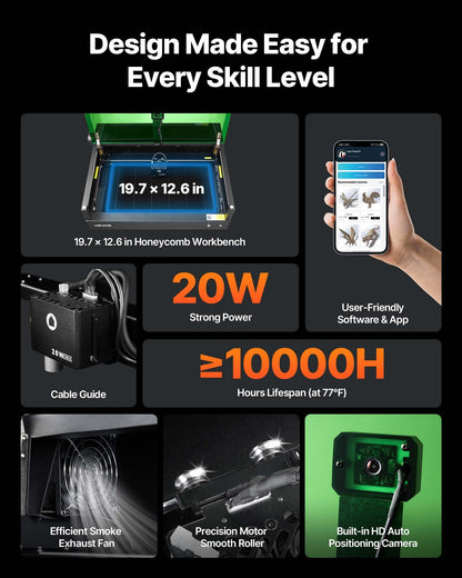 Laser Engraver, 20W, Laser Engraving and Cutting Machine with Enclosure Camera, Laser Cutter, 36000 mm/min, 500 x 320 mm Working Area, for Wood, Leather, Glass, Paper, Certain Metal, Class 1