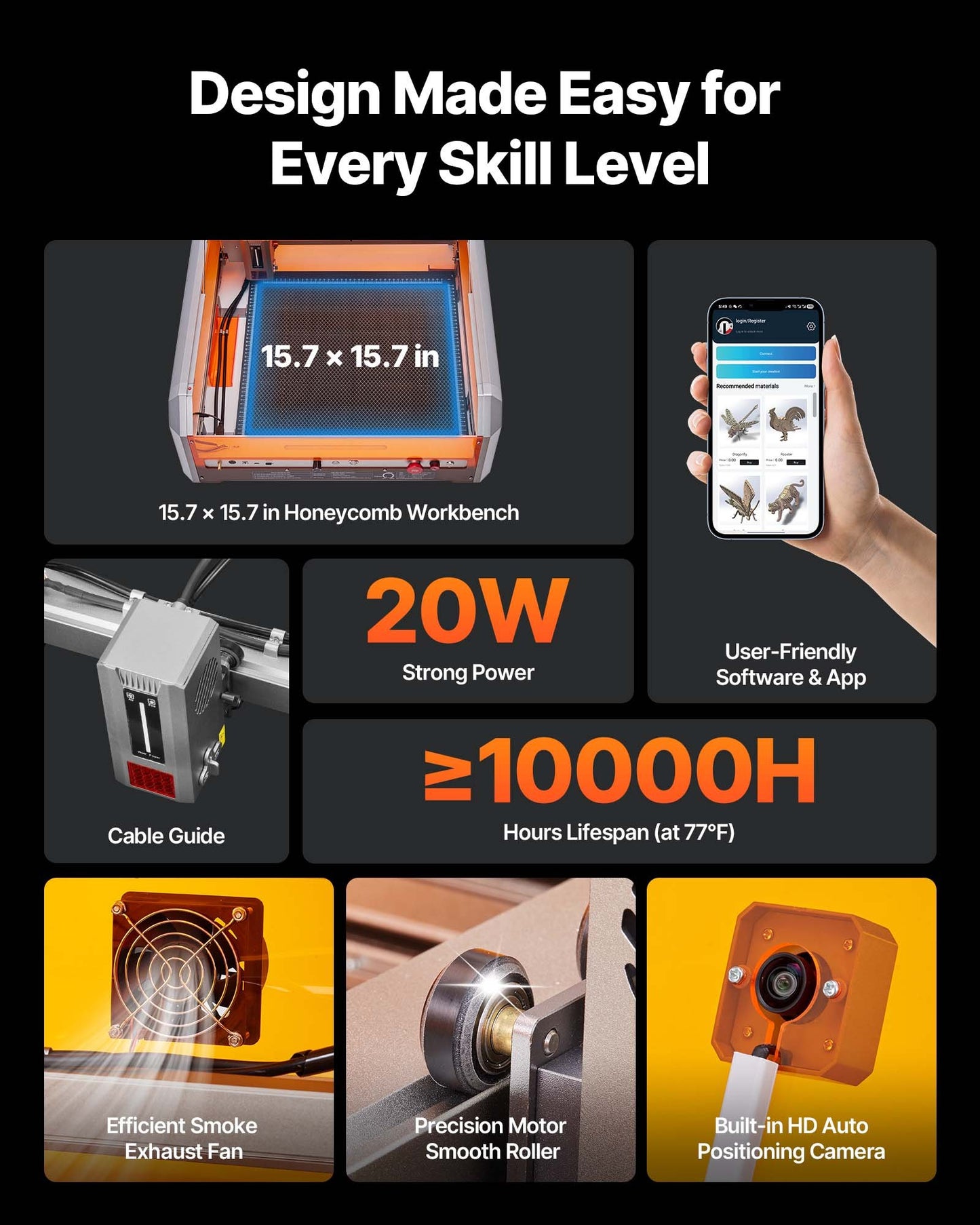 Lasergravör, 20W, lasergraverings- och skärmaskin med inkapslad kamera, laserskärare, 400 x 400 mm arbetsyta, 30000 mm/min, för trä, läder, glas, papper, vissa metaller, klass 1