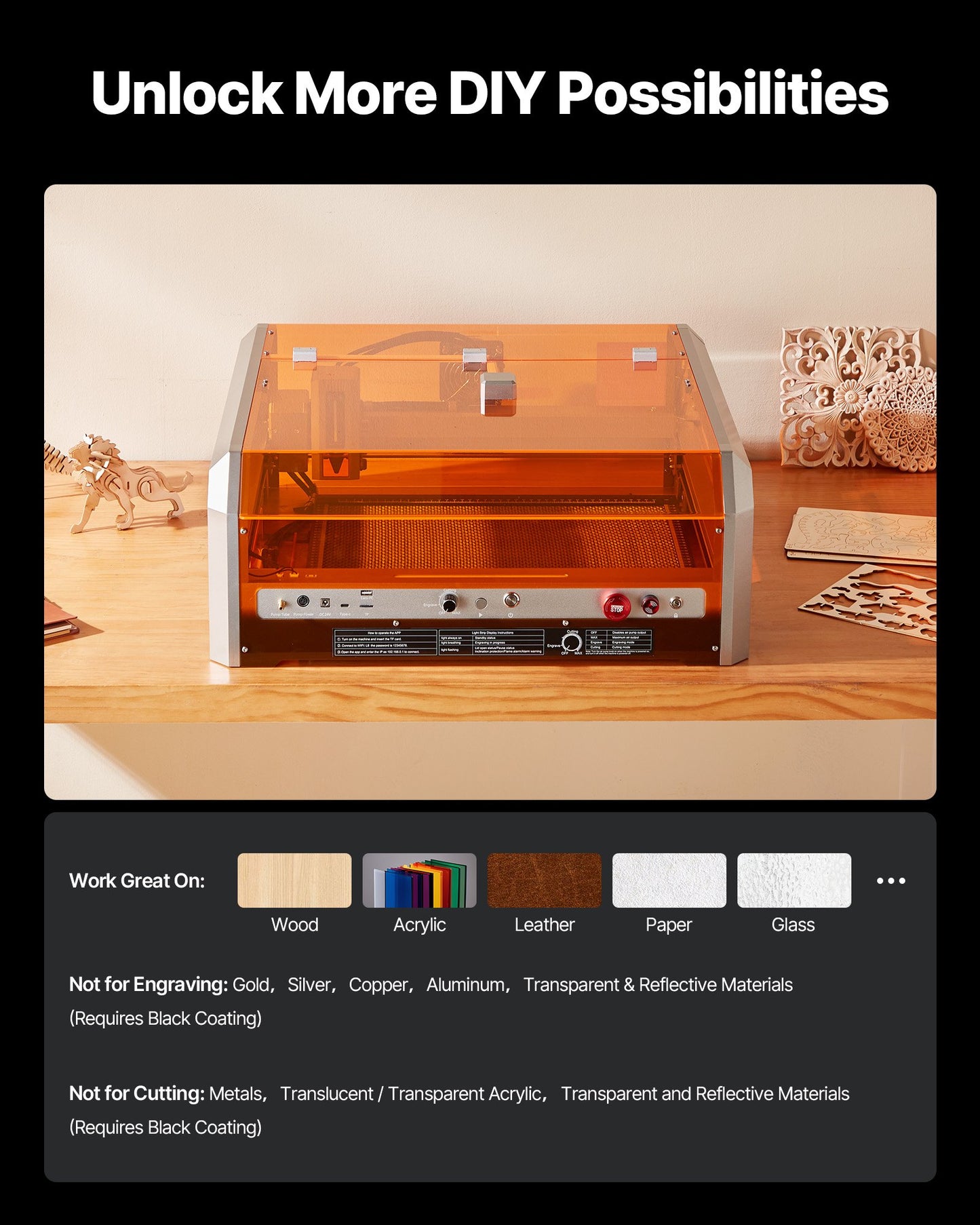 Lasergravör, 20W, lasergraverings- och skärmaskin med inkapslad kamera, laserskärare, 400 x 400 mm arbetsyta, 30000 mm/min, för trä, läder, glas, papper, vissa metaller, klass 1