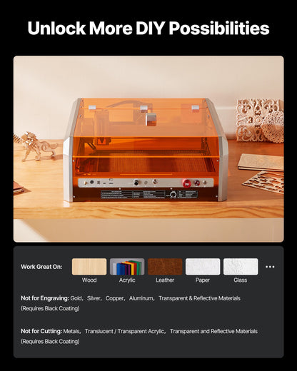 Lasergravör, 20W, lasergraverings- och skärmaskin med inkapslad kamera, laserskärare, 400 x 400 mm arbetsyta, 30000 mm/min, för trä, läder, glas, papper, vissa metaller, klass 1