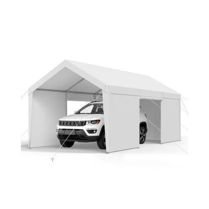 Carport, 3 x 6 meter utomhustak för bil, dricksskyddad carport med avtagbara sidoväggar och dörr, kraftigt bilskydd, UV-beständigt och vattentåligt, skydd året runt för bil och båt, vit