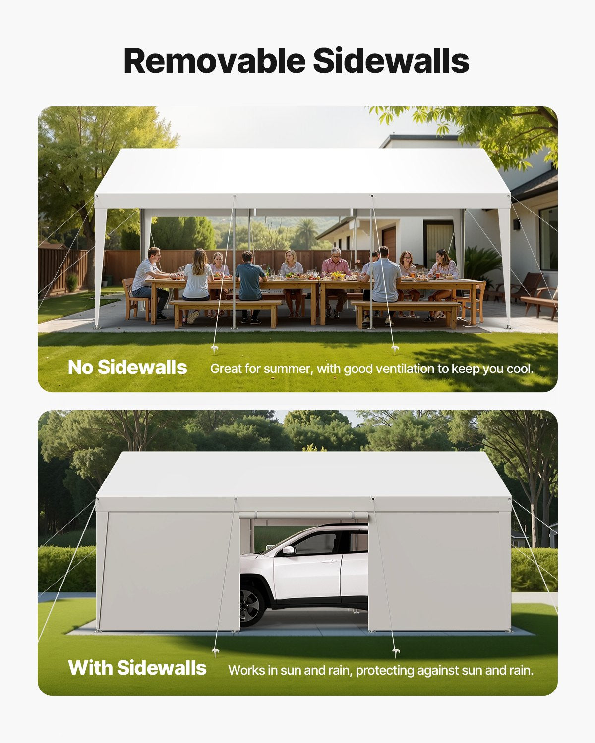 Carport, 12 x 20 fot utomhustak för bil, dricksskyddad carport med avtagbara sidoväggar och dörr, kraftigt bilskydd, UV-beständigt och vattentåligt, skydd året runt för bil och båt, vit