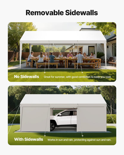 Carport, 12 x 20 fot utomhustak för bil, dricksskyddad carport med avtagbara sidoväggar och dörr, kraftigt bilskydd, UV-beständigt och vattentåligt, skydd året runt för bil och båt, vit