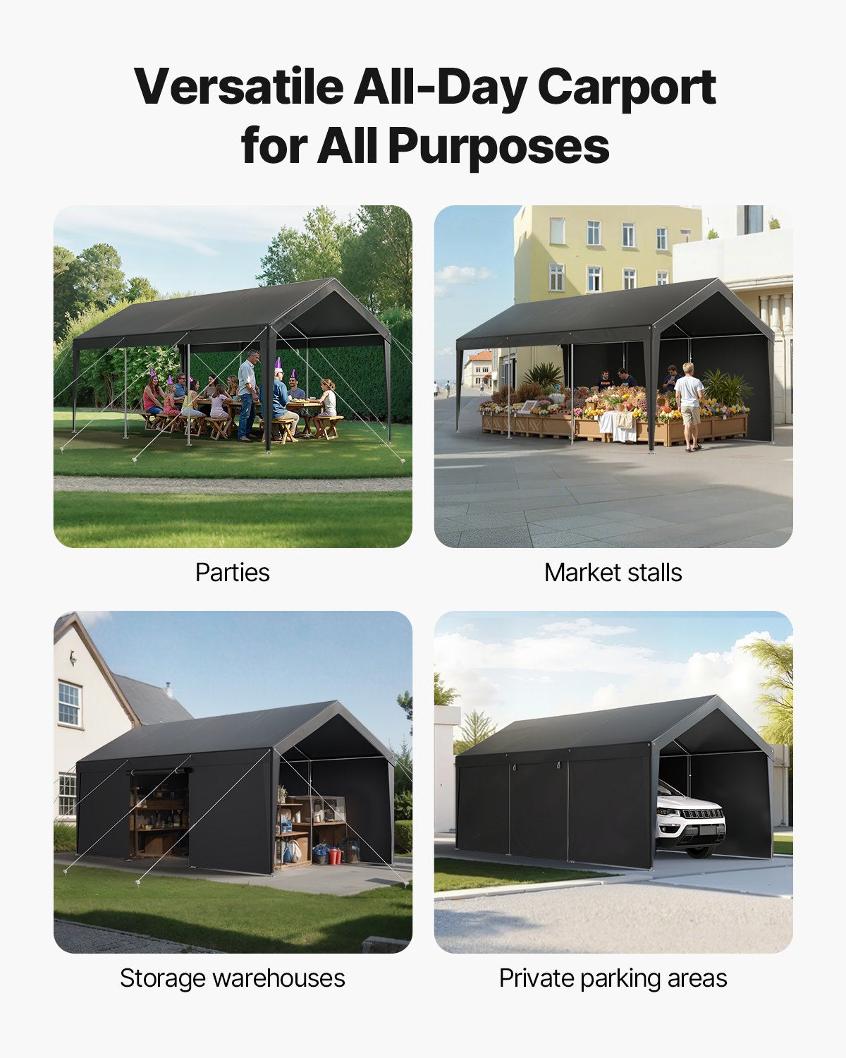 Carport, 3 x 6 meter utomhustak för bil, dricksskyddad carport med avtagbara sidoväggar och dörr, kraftigt bilskydd, UV-beständigt och vattentåligt, året runt-skydd för bil och båt, grå