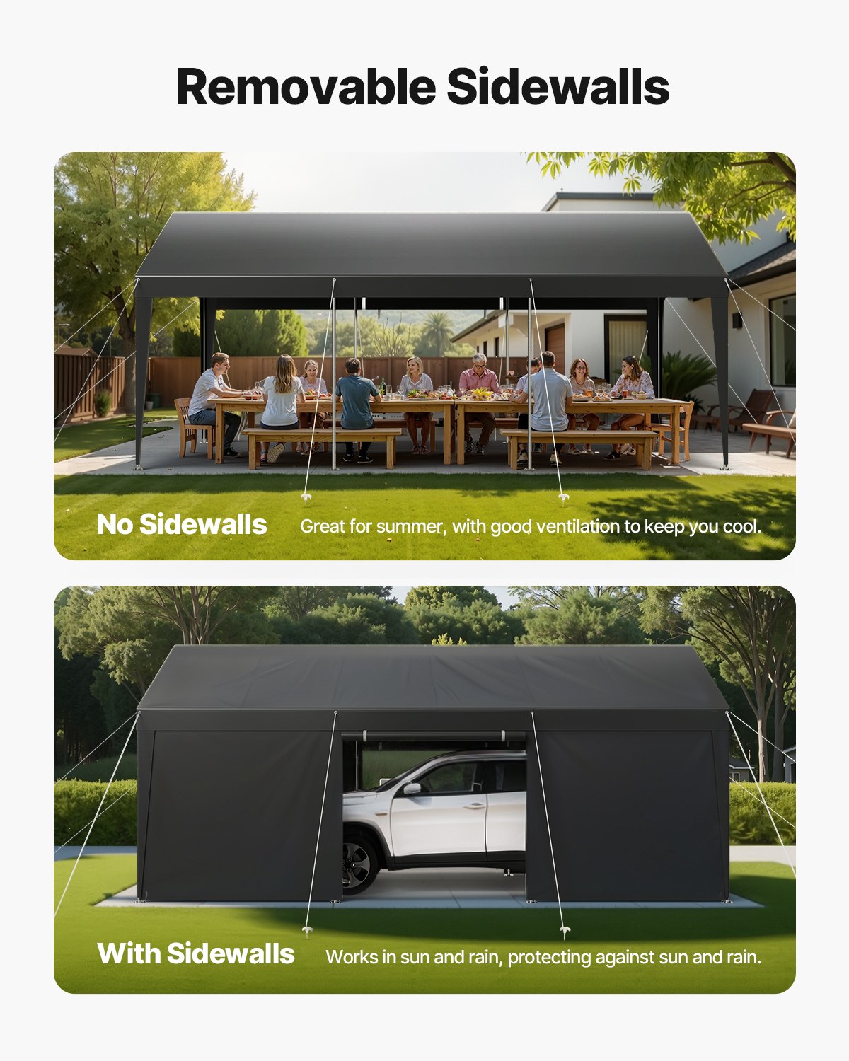 Carport, 3 x 6 meter utomhustak för bil, dricksskyddad carport med avtagbara sidoväggar och dörr, kraftigt bilskydd, UV-beständigt och vattentåligt, året runt-skydd för bil och båt, grå