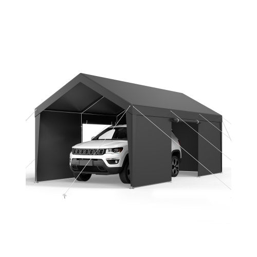 Carport, 12 x 20 fot utomhustak för bil, dricksskyddad carport med avtagbara sidoväggar och dörr, kraftigt bilskydd, UV-beständigt och vattentåligt, året runt-skydd för bil och båt, grå
