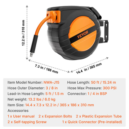 Indragbar luftslangvinda, 3/8IN x 50FT hybridluftslang max 300PSI, automatisk återupprullning av luftkompressorslangvinda med 5FT genomföring, tak-/väggmonterad, kapslad PP-vinda och inbyggd 180° vridbar konsol