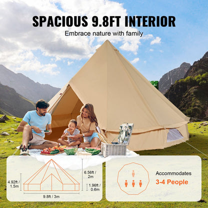 Canvas Bell-tält, 4 säsonger 3 m/9,8 fot jurttält, canvastält för camping med spisuttag, andningsbart tält rymmer upp till 4 personer, familjecamping utomhus jaktsällskap
