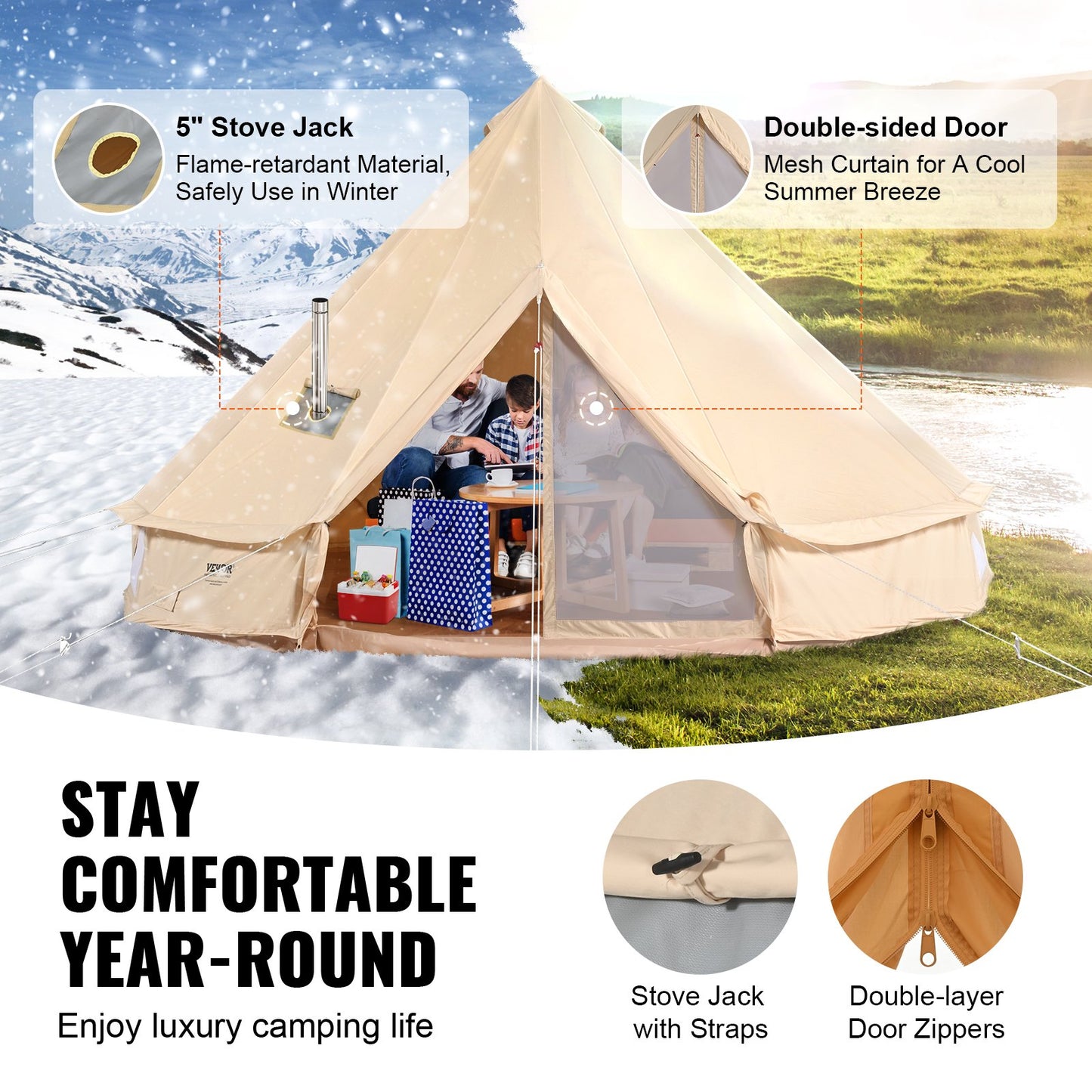 Canvas Bell-tält, 4 säsonger 4 m/13,12 ft jurttält, canvastält för camping med spisuttag, andningsbart tält rymmer upp till 6 personer, familjecamping utomhus jaktsällskap