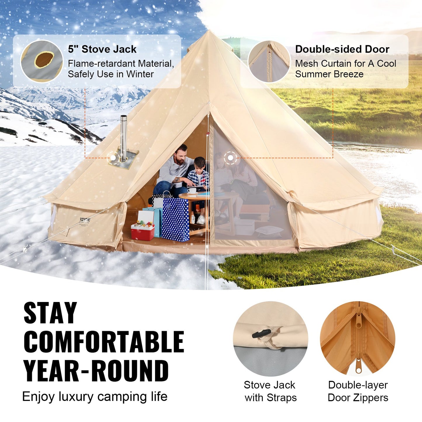 Canvas Bell-tält, 4 säsonger 5 m/16,4 ft jurttält, canvastält för camping med spisuttag, andningsbart tält rymmer upp till 8 personer, familjecamping utomhus jaktsällskap