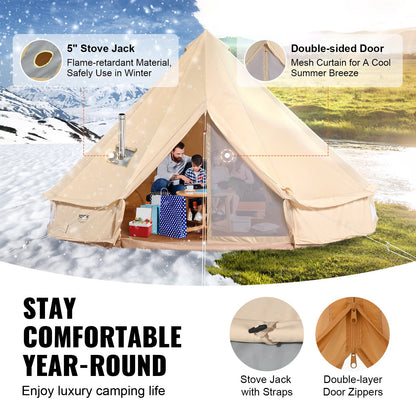 Canvas Bell-tält, 4 säsonger 5 m/16,4 ft jurttält, canvastält för camping med spisuttag, andningsbart tält rymmer upp till 8 personer, familjecamping utomhus jaktsällskap