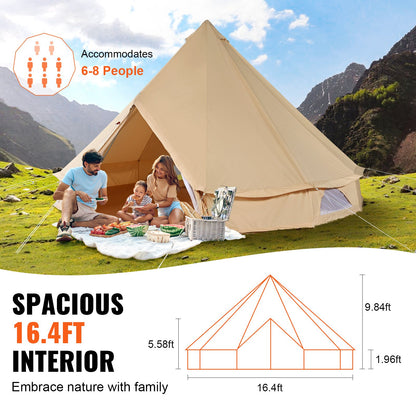 Canvas Bell-tält, 4 säsonger 5 m/16,4 ft jurttält, canvastält för camping med spisuttag, andningsbart tält rymmer upp till 8 personer, familjecamping utomhus jaktsällskap