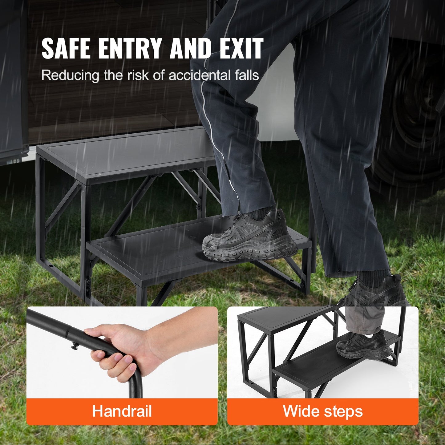 Husbilstrappa, 2-stegs husbilstrappa, 199,6 kg lastkapacitet, förtjockat kolstål, med ledstång, halkfria steg för säker i- och urstigning, lämplig för husbil, släpvagn, husbilstrappa