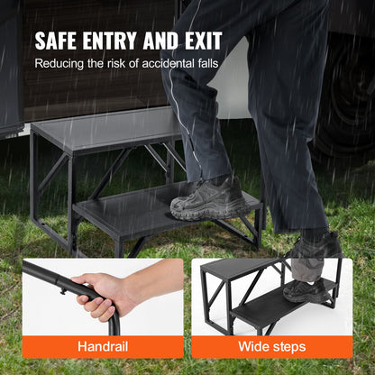 Husbilstrappa, 2-stegs husbilstrappa, 199,6 kg lastkapacitet, förtjockat kolstål, med ledstång, halkfria steg för säker i- och urstigning, lämplig för husbil, släpvagn, husbilstrappa