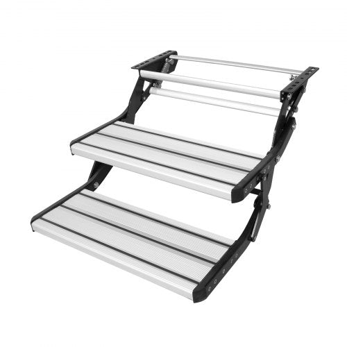 Husbilstrappa, 2-stegs, manuellt infällbar husbilstrappa, hopfällbar, 180 kg lastkapacitet, aluminiumlegeringstrappa, förtjockad stålplåt, halkfria trappsteg för säker i- och urstigning, husbils-, släpvagns- och husbilstrappa