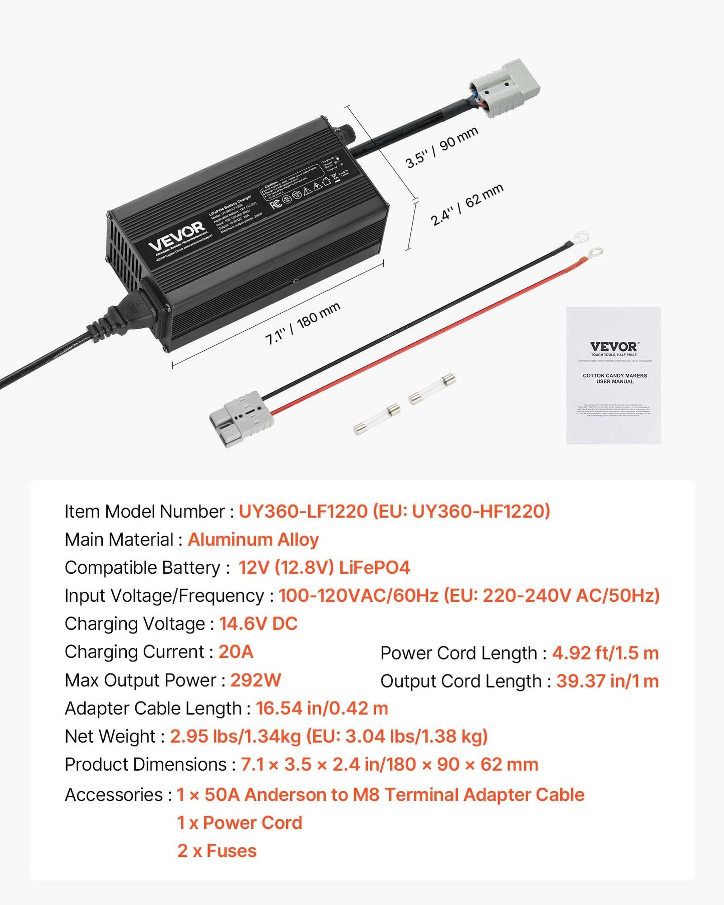 12V 20A litiumbatteriladdare, 14.6V, AC-DC LiFePO4 smart laddare, med Anderson-kontakt, LED-indikator, 0V-aktivering, för litium-LiFePO4-djupcykelladdningsbara batterier för båt, husbil